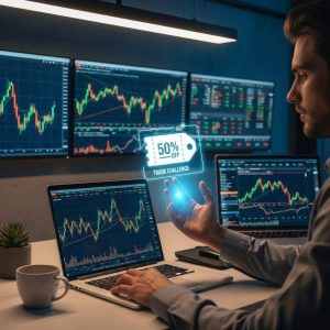 A modern financial trading workspace showing a trader analyzing stock charts on a laptop while holding a digital coupon icon symbolizing discounted entry to a trading challenge, with economic graphs and market indicators in the background.