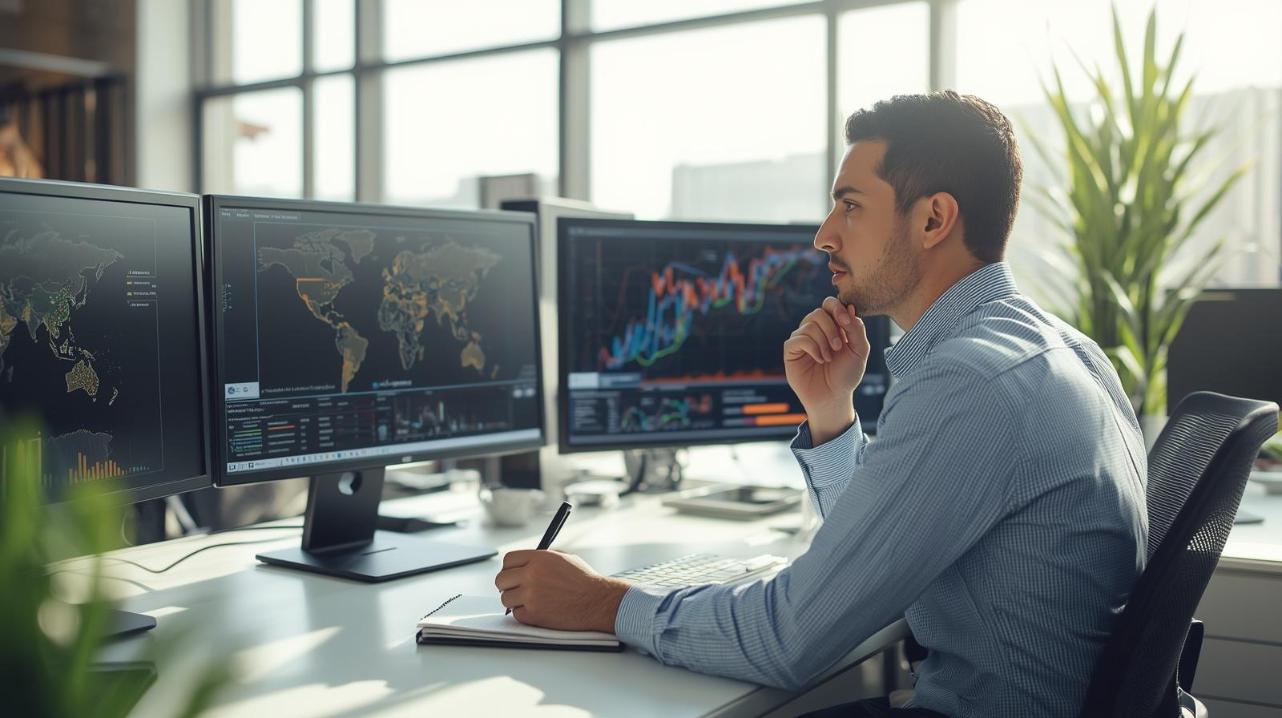 Analyst studying supply chain networks on monitors in bright optimistic modern office workspace.